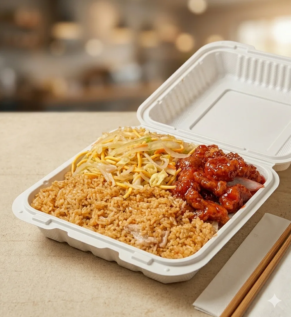 Combination plate of fried rice, chow mein and sweet-and-sour pork
