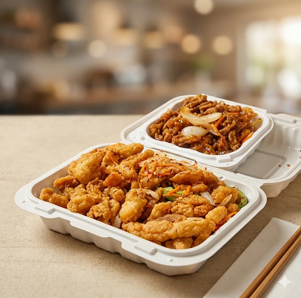 Two generous take-out containers of fried chicken and saucy noodles