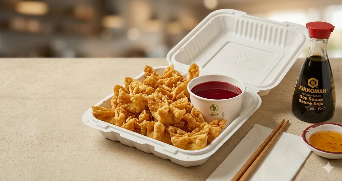 Golden deep-fried wontons with sweet-and-sour dipping sauce in a take-out box